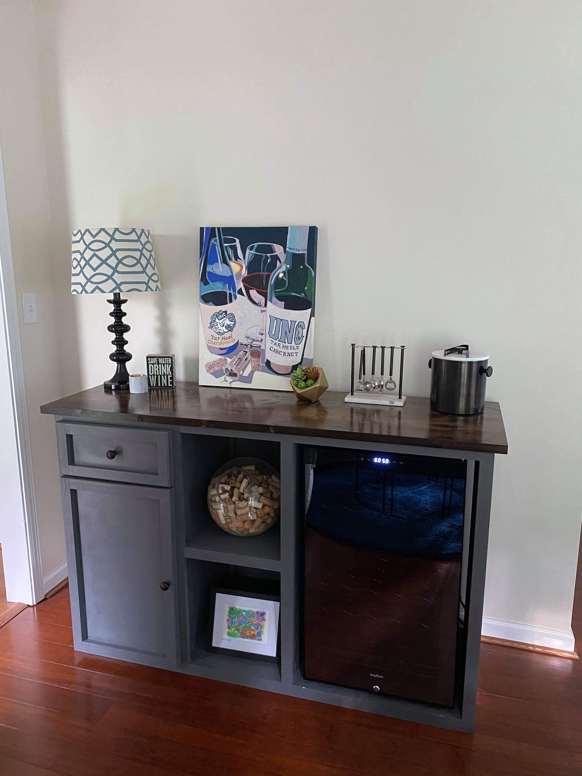 Wine Cabinet with Open Shelf Storage, Custom Coffee Bar Console, Farmhouse Liquor Cabinet with Fridge Slot