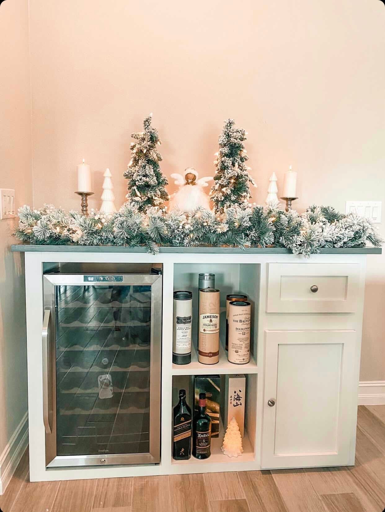 Wine Cabinet with Open Shelf Storage, Custom Coffee Bar Console, Farmhouse Liquor Cabinet with Fridge Slot