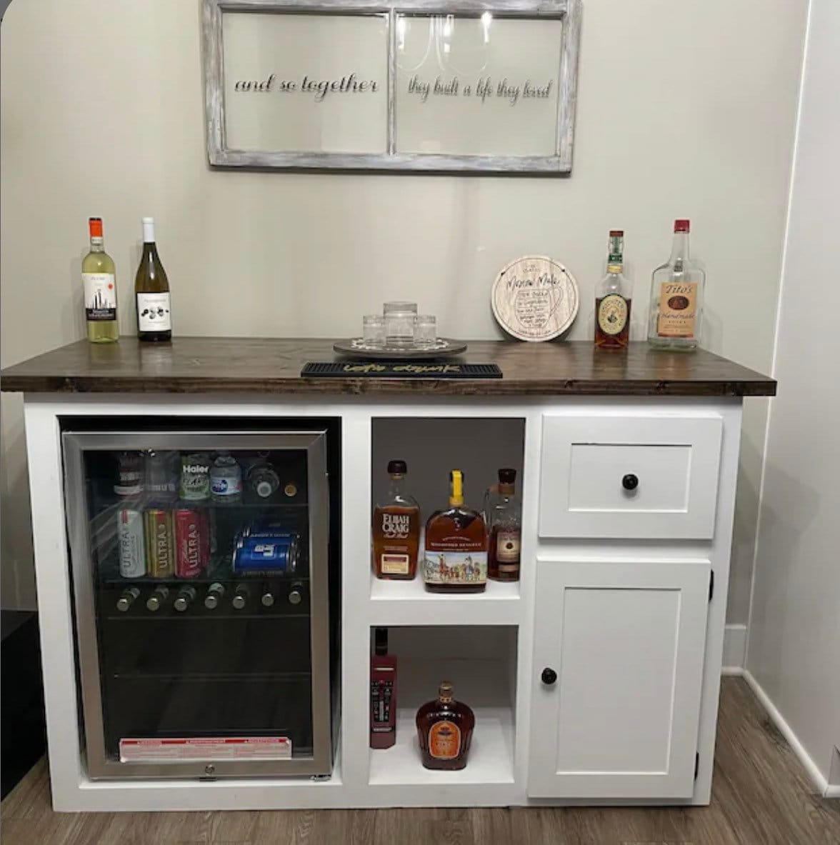 Wine Cabinet with Open Shelf Storage, Custom Coffee Bar Console, Farmhouse Liquor Cabinet with Fridge Slot