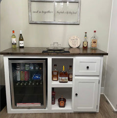 Wine Cabinet with Open Shelf Storage, Custom Coffee Bar Console, Farmhouse Liquor Cabinet with Fridge Slot