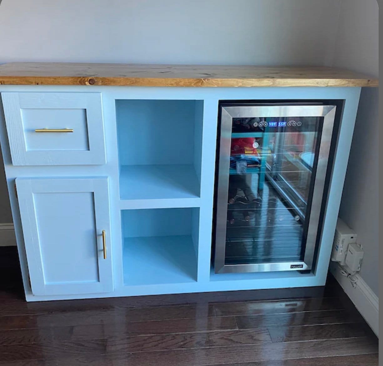 Wine Cabinet with Open Shelf Storage, Custom Coffee Bar Console, Farmhouse Liquor Cabinet with Fridge Slot