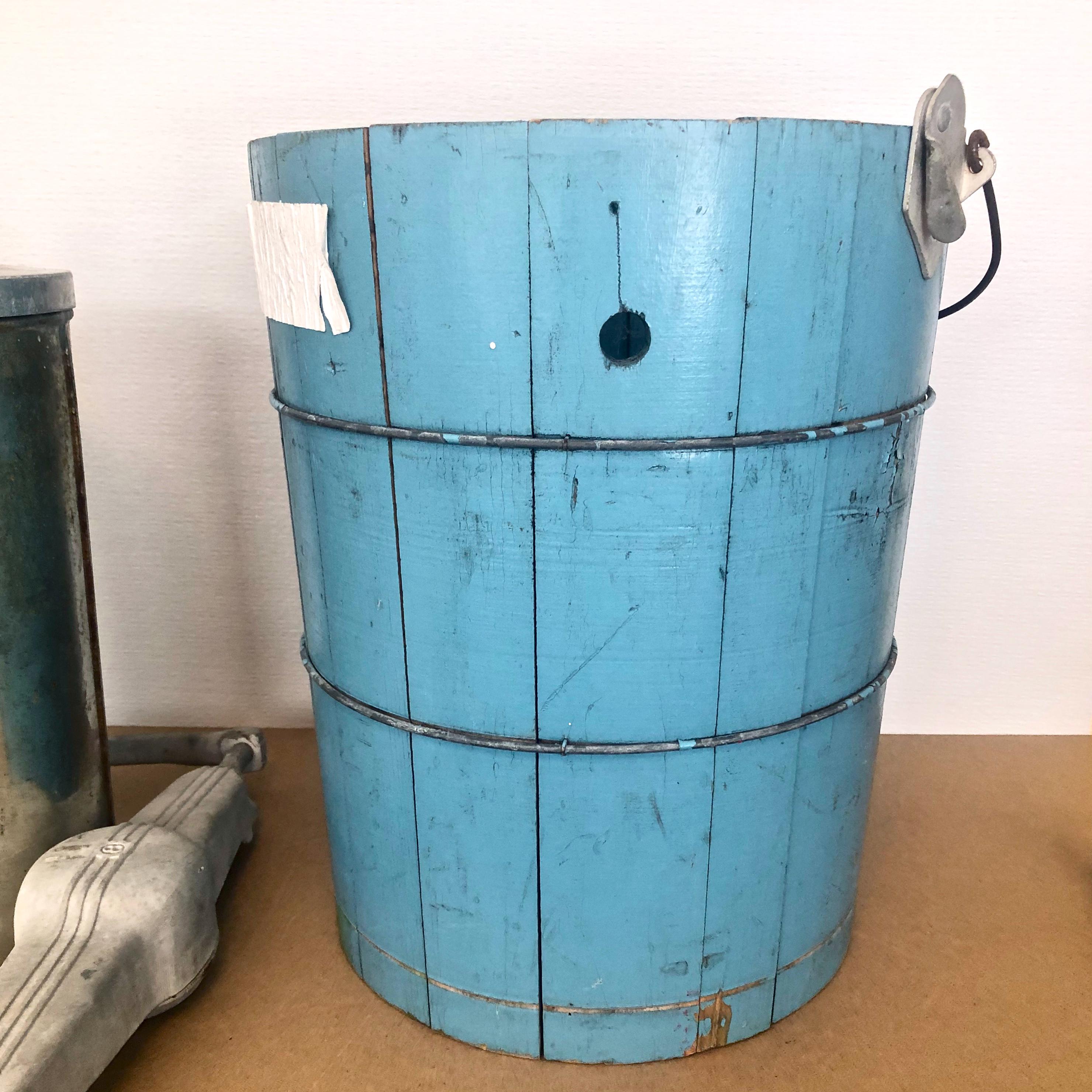 Antique 8 Quart Hand Crank Ice Cream Maker / Aqua Teal Wood Barrel / Rustic Decor / Photography Prop / Decorative Piece / Photo or Set Prop