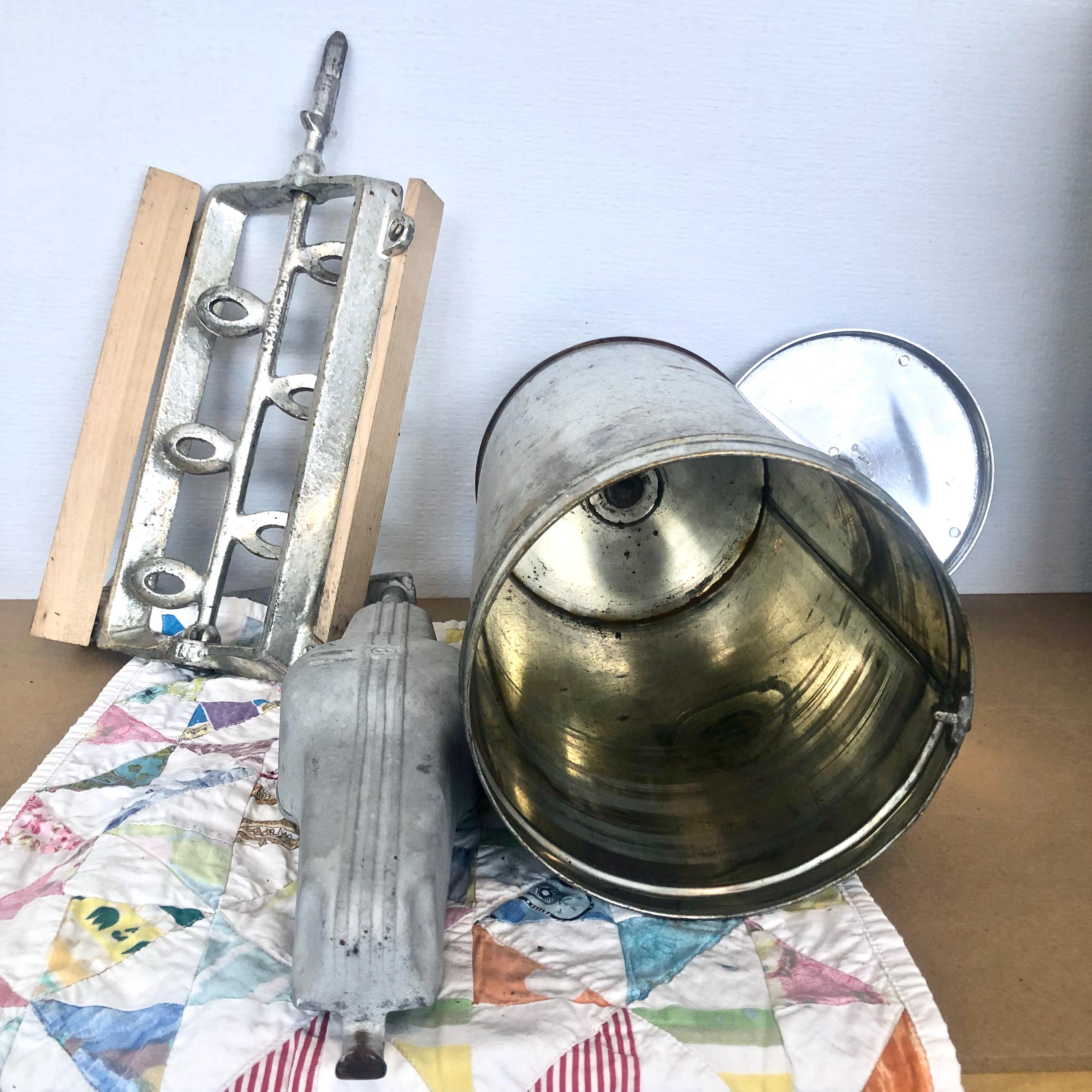 Antique 8 Quart Hand Crank Ice Cream Maker / Aqua Teal Wood Barrel / Rustic Decor / Photography Prop / Decorative Piece / Photo or Set Prop