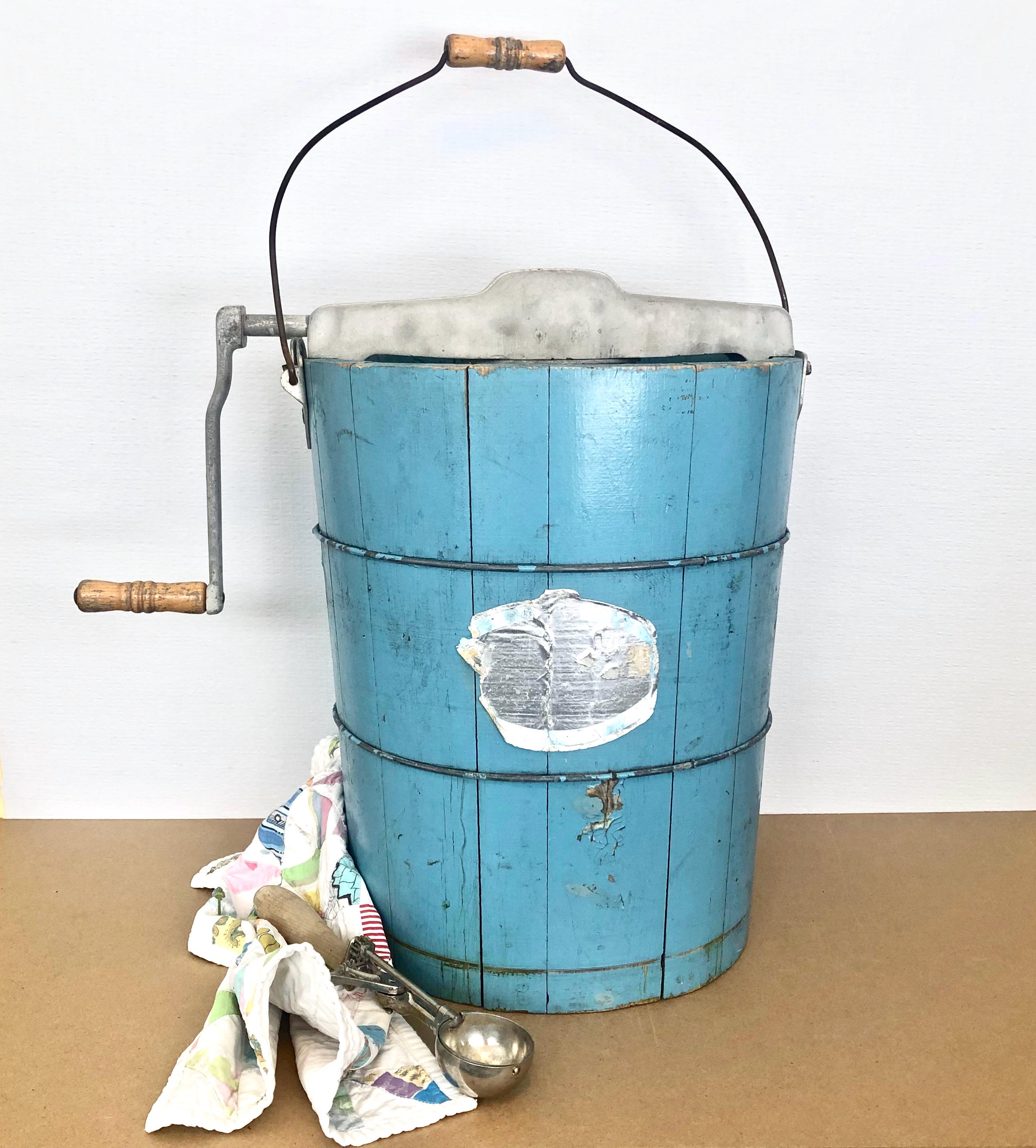Antique 8 Quart Hand Crank Ice Cream Maker / Aqua Teal Wood Barrel / Rustic Decor / Photography Prop / Decorative Piece / Photo or Set Prop