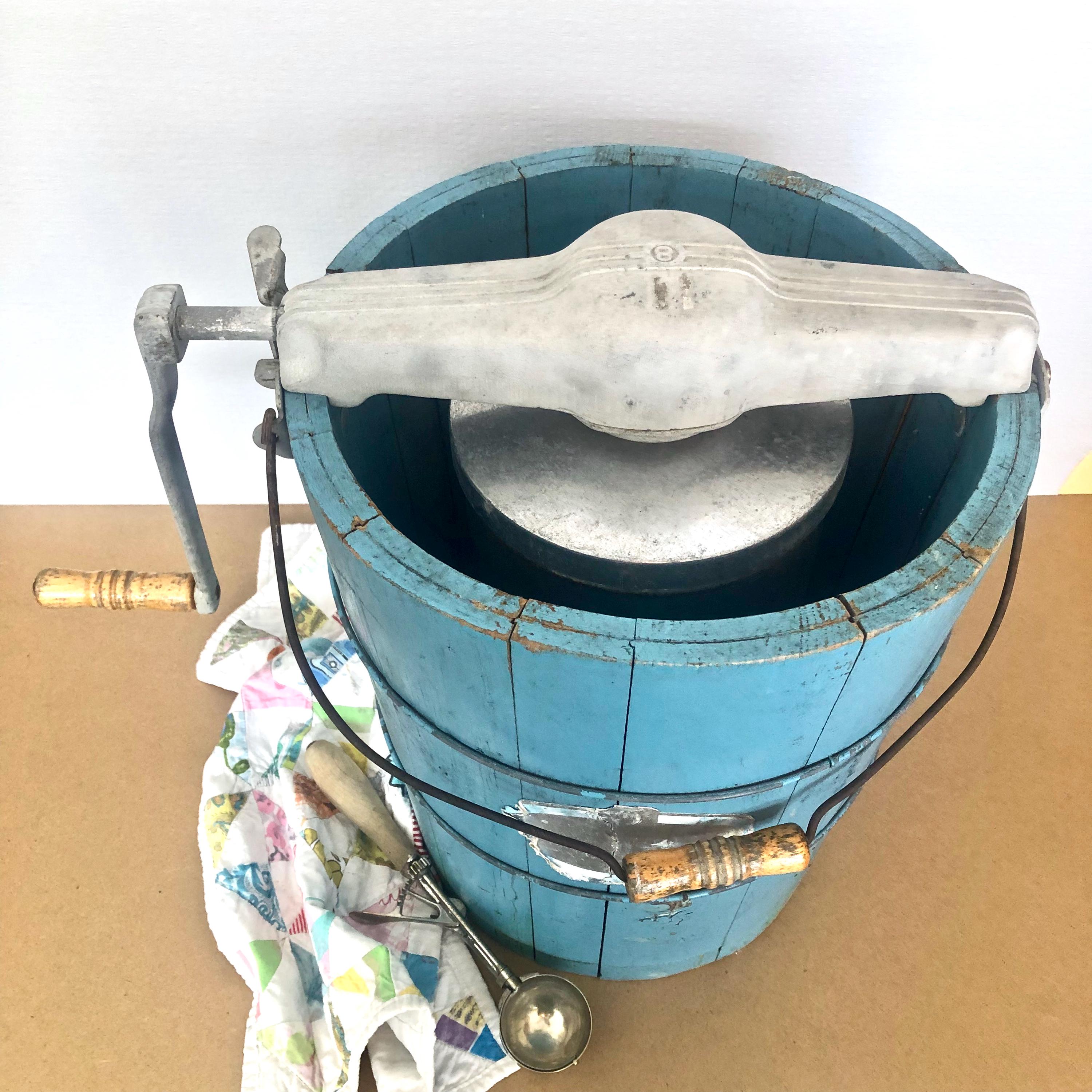 Antique 8 Quart Hand Crank Ice Cream Maker / Aqua Teal Wood Barrel / Rustic Decor / Photography Prop / Decorative Piece / Photo or Set Prop