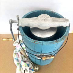 Antique 8 Quart Hand Crank Ice Cream Maker / Aqua Teal Wood Barrel / Rustic Decor / Photography Prop / Decorative Piece / Photo or Set Prop