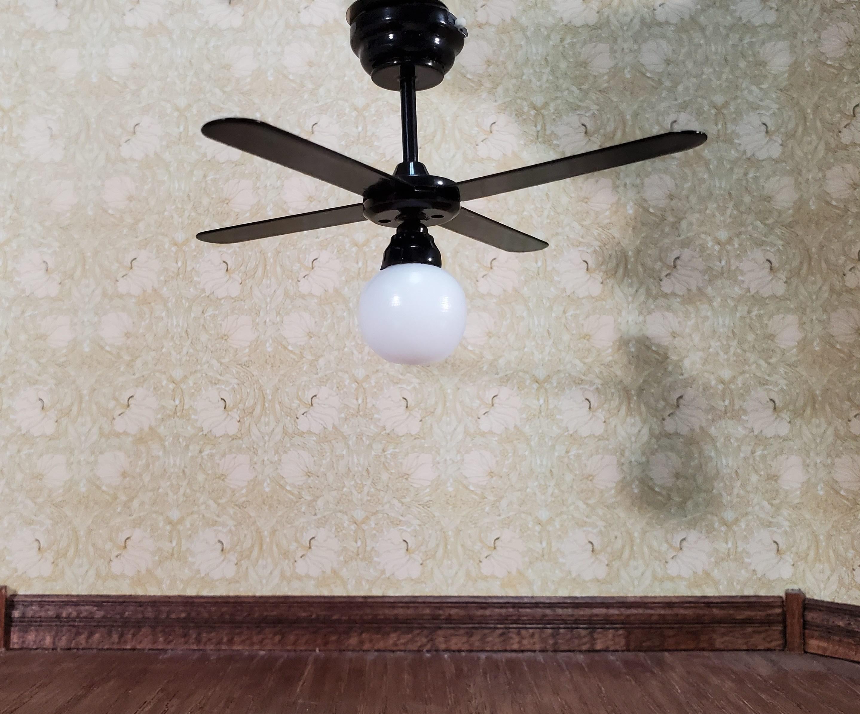 Dollhouse Ceiling Fan Light Black LED Battery 4 Blades 1:12 Scale Houseworks