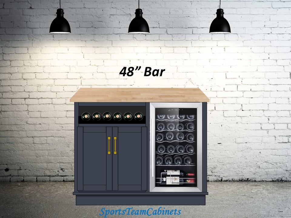 Bar Cabinet with Butcher Block Countertop, Wine Rack, and Fridge
