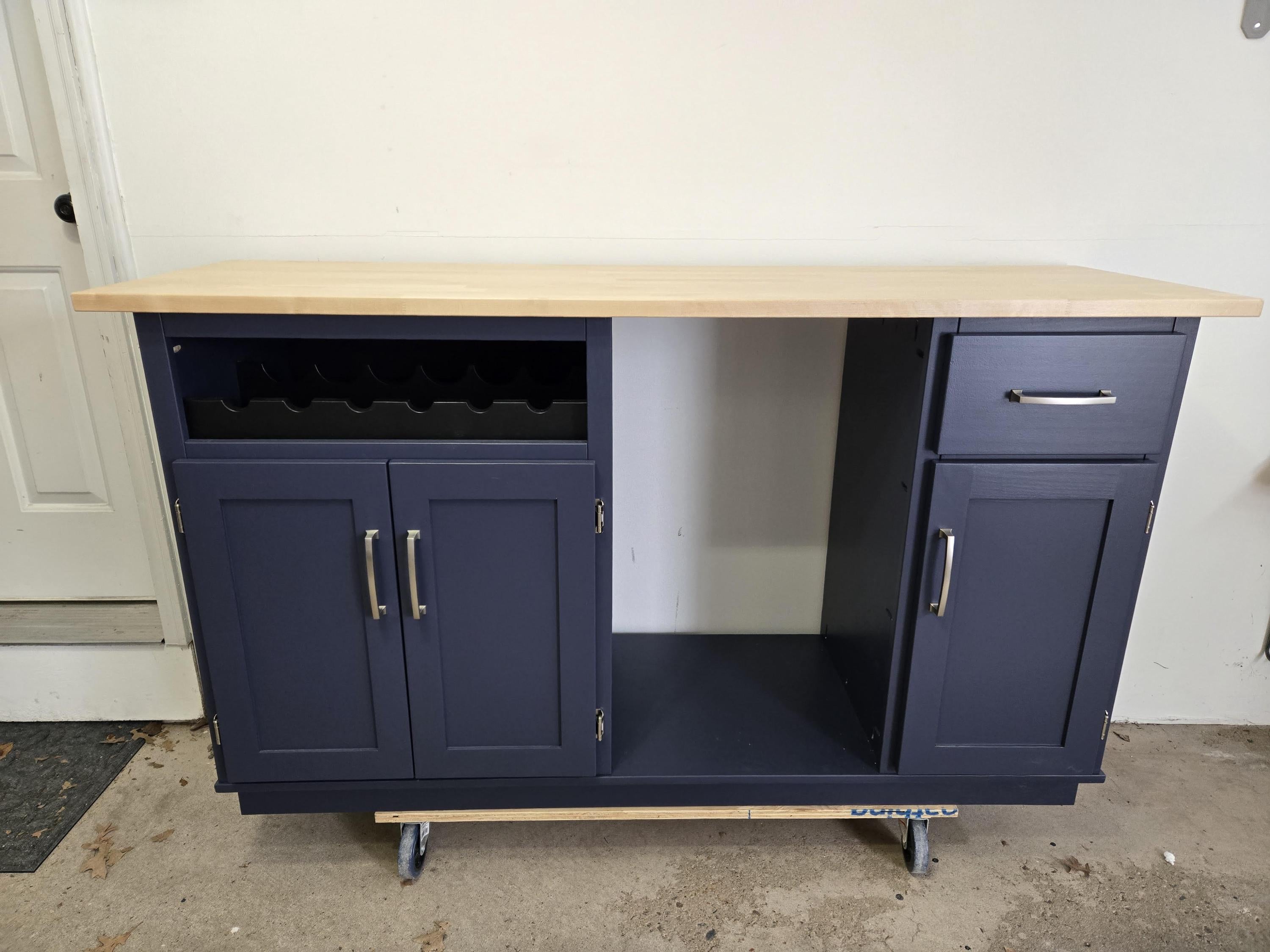 Bar Cabinet with Butcher Block Countertop, Wine Rack, and Fridge