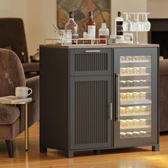 Mini Coffee Bar Cabinet with Fridge Space Fluted Wine Storage Station with Outlet