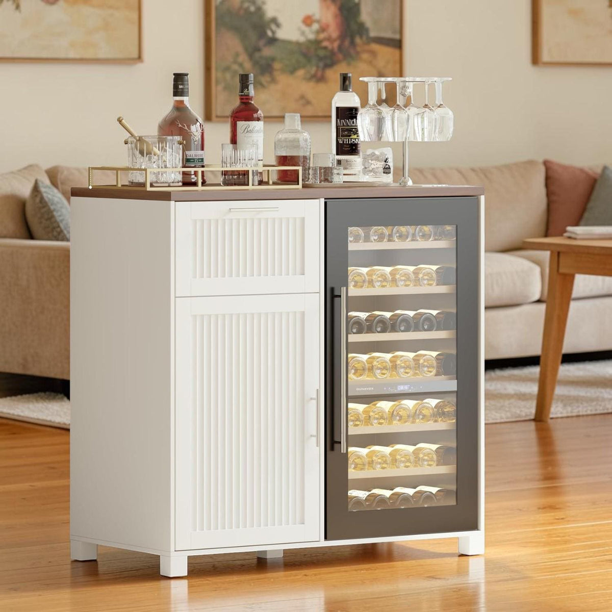 Mini Coffee Bar Cabinet with Fridge Space Fluted Wine Storage Station with Outlet