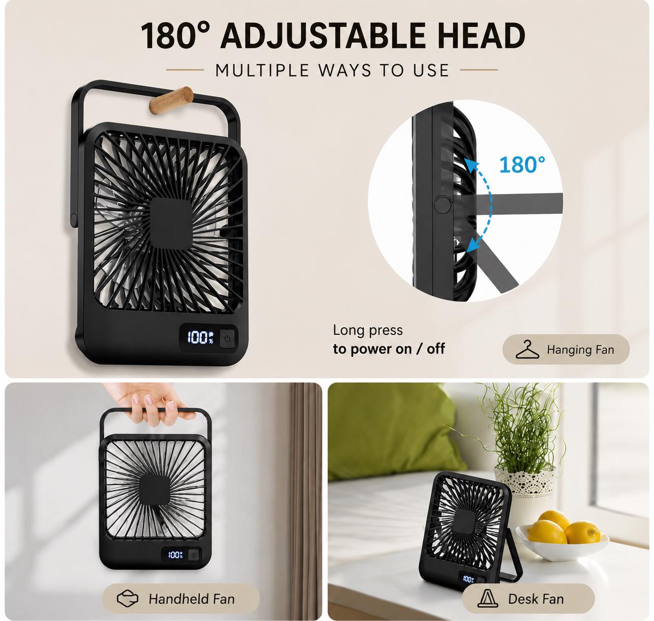 Portable USB Rechargeable Desk Fan – 180 Adjustable Mini Table Fan with 5 Speeds & Power Display