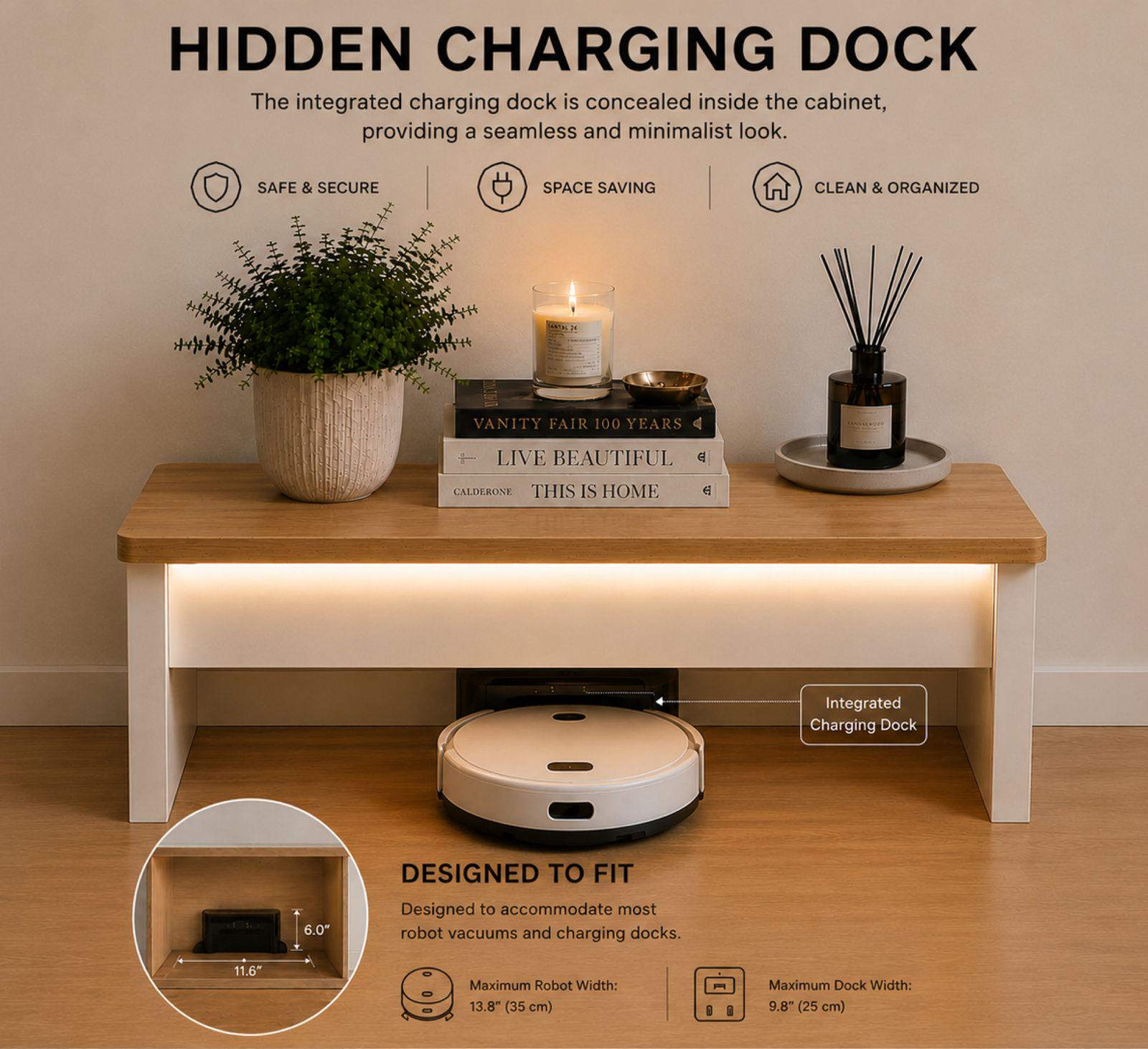 Minimalist Robot Vacuum Garage with LED Light, Wooden Docking Station Cover
