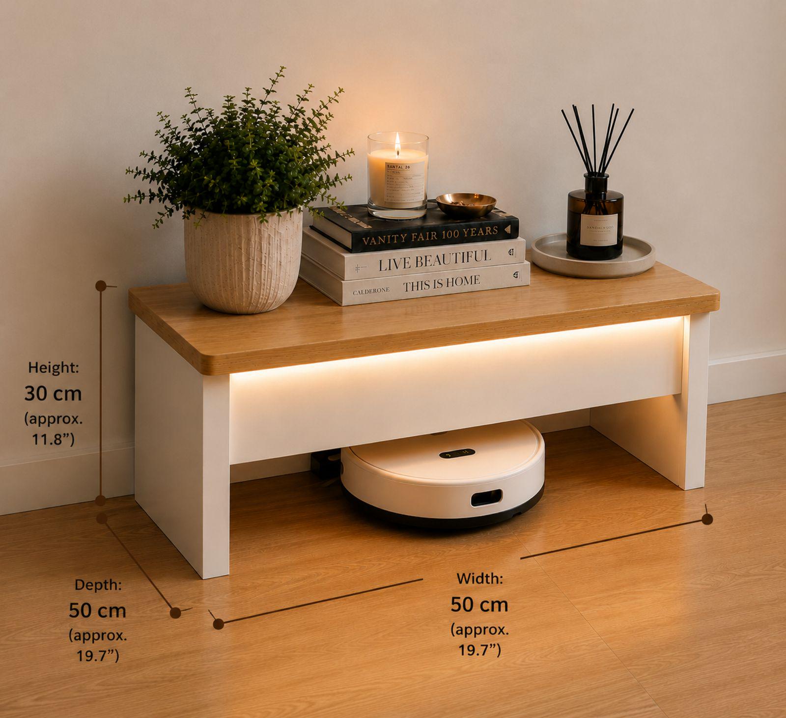 Minimalist Robot Vacuum Garage with LED Light, Wooden Docking Station Cover