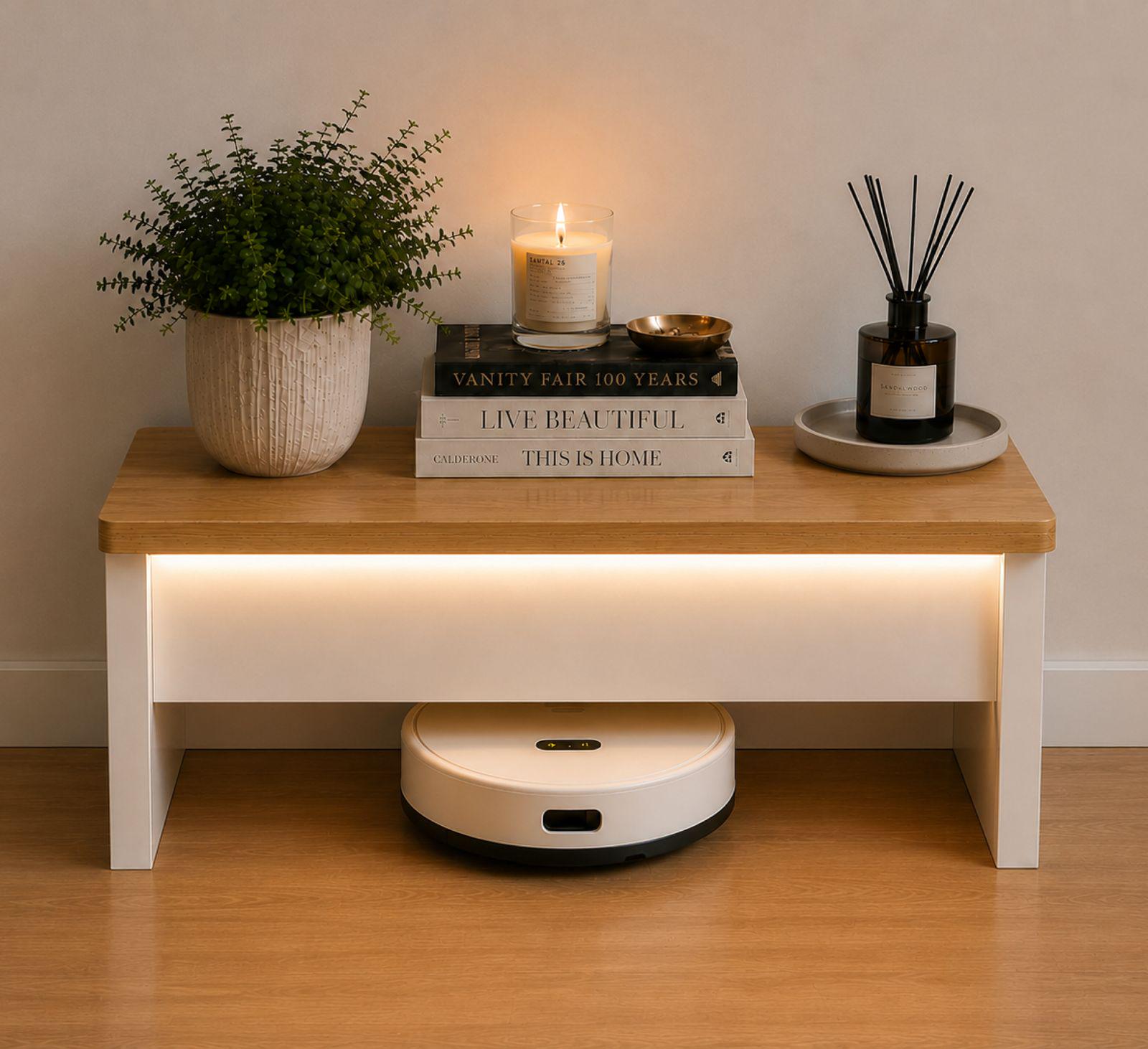 Minimalist Robot Vacuum Garage with LED Light, Wooden Docking Station Cover