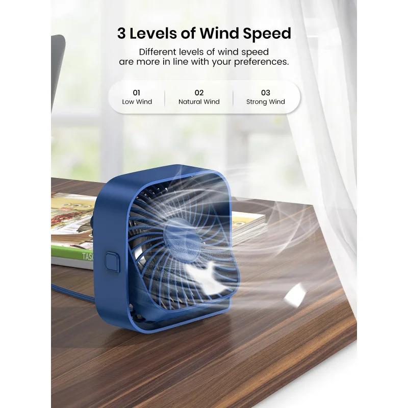 Mini Portable USB Desk Fan, 3-Speed Quiet Rotating Table Fan