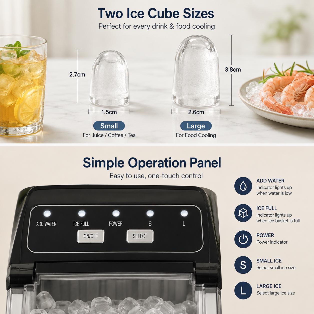 Portable Countertop Ice Maker Machine, 12kg/24H Ice Cube Maker, 2 Ice Sizes, Self Cleaning Mini Ice Maker for Home, Kitchen & Bar