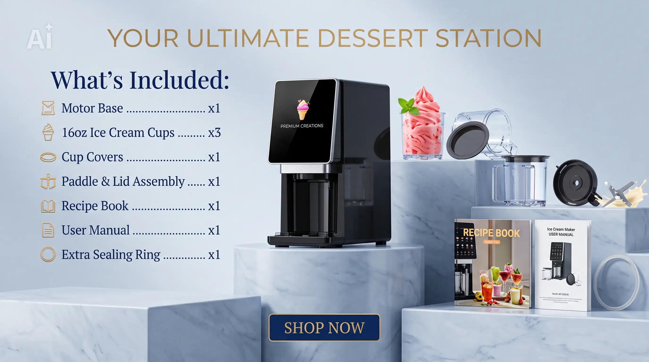 Teendow Ice Cream Maker KF-2501U1, Automatic Ice Cream Machine, 8 Preset Programs, Self-Cleaning, Countertop Ice Cream Maker
