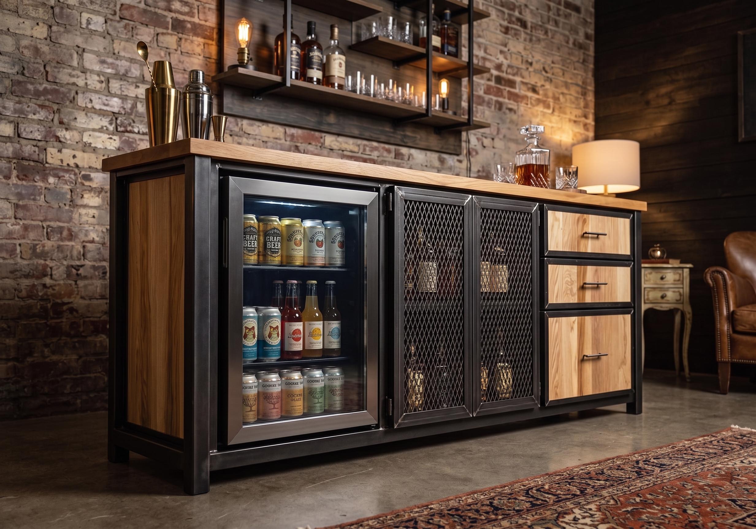 Modern Industrial Wine Fridge Bar, 8ft Liquor Cabinet