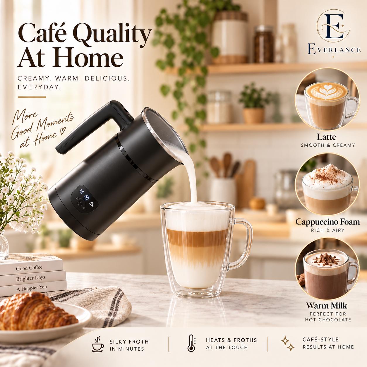 4-in-1 Electric Milk Frother, Automatic Steamer, 304 Stainless Steel Inner (Black)